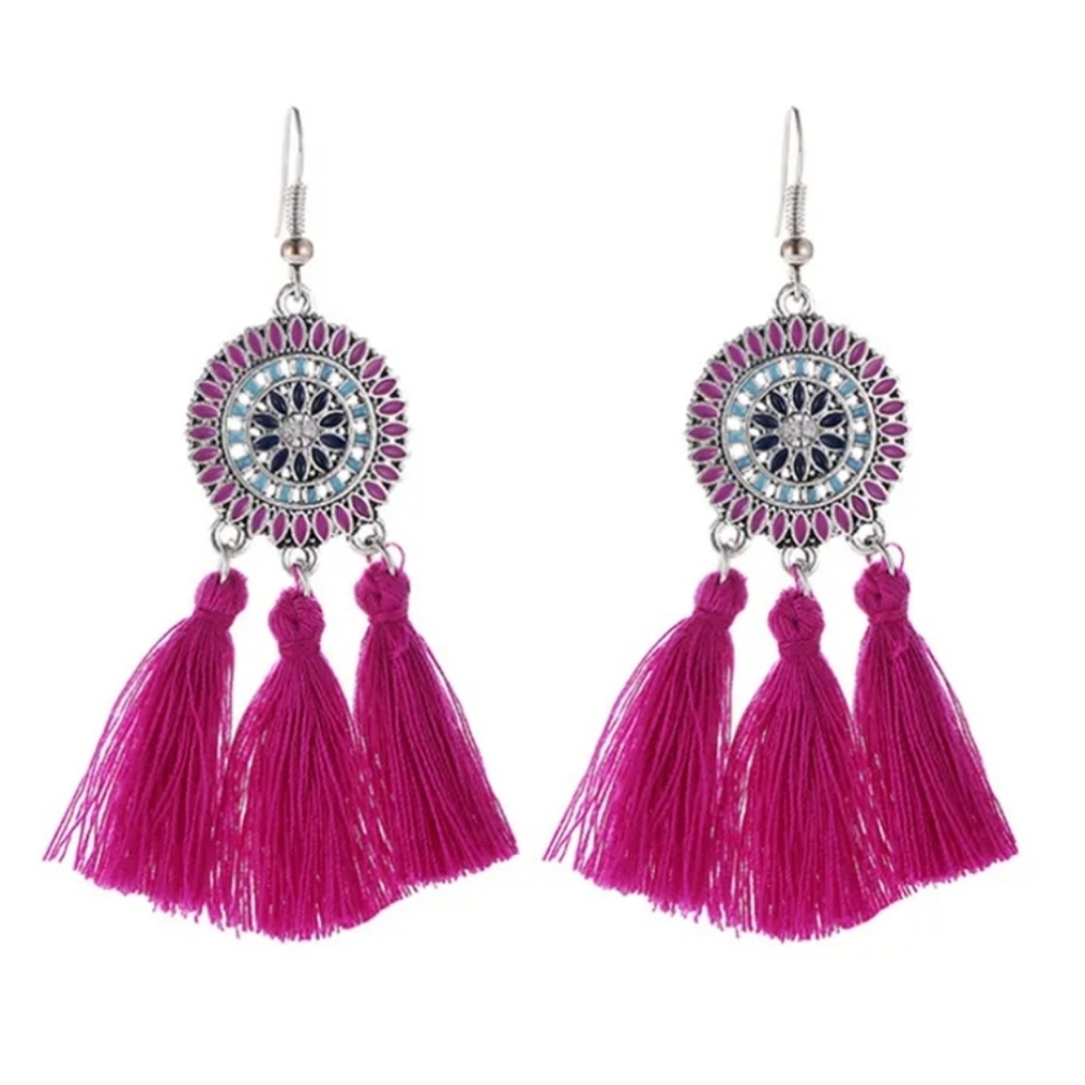 Hot pink/magenta tassel dream catcher boho earrin